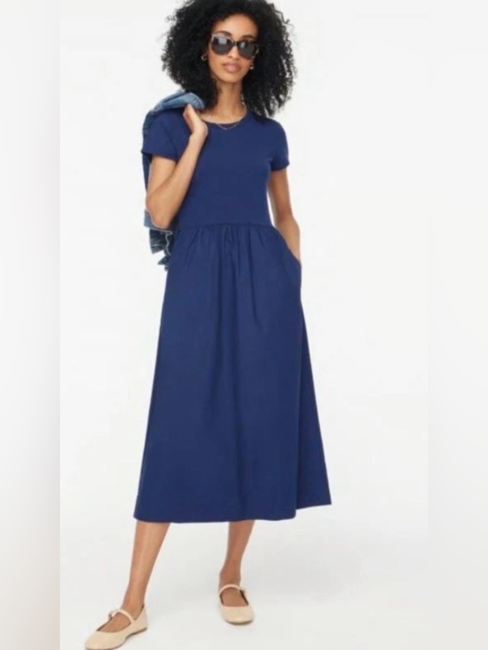 J.Crew Mixed Media Midi Dress Navy Blue Short Sleeve Pockets Cotton Size Small